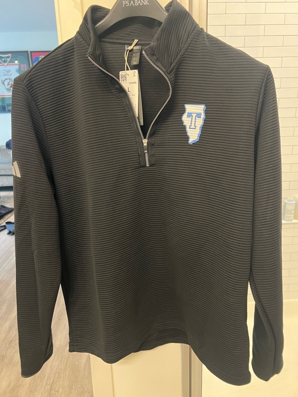 adidas Black Ribbed Quarter-Zip Pullover with Blue and White Patch